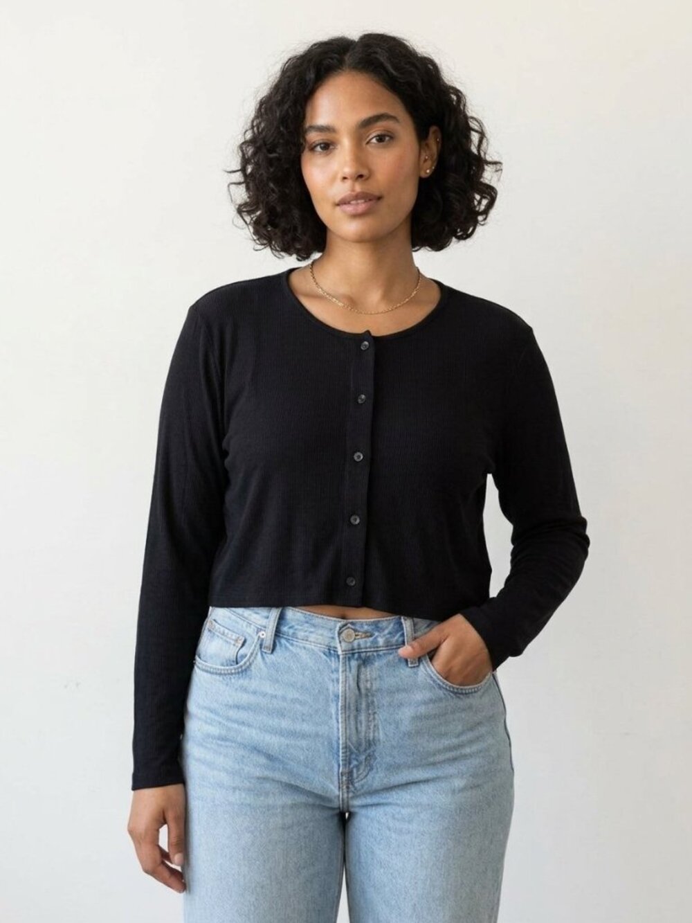 Recollection Brand Ribbed Cropped Cardigan Black Long Sleeve Button-Up | Size XL